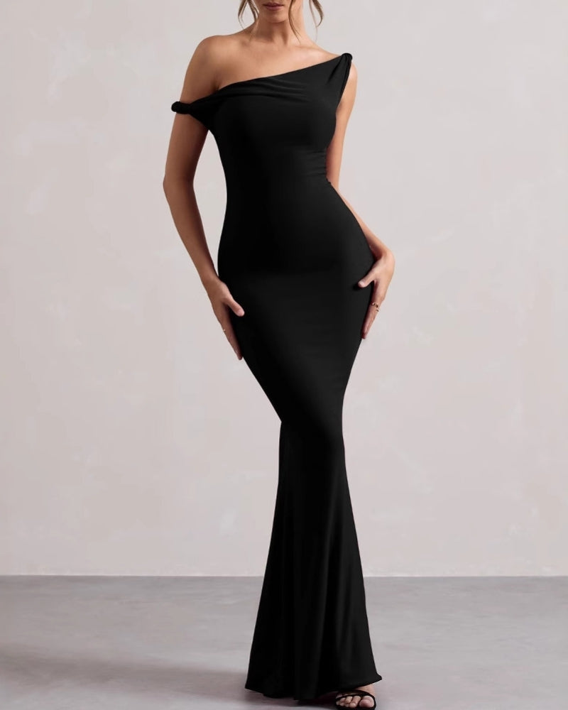Women's One-Shoulder Bodycon Maxi Dress with Fishtail Hem - Black