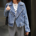 Women's Oversized Denim Moto Jacket with Zip Pockets