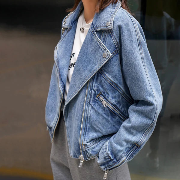 Women's Oversized Denim Moto Jacket with Zip Pockets