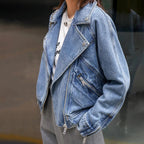 Women's Oversized Denim Moto Jacket with Zip Pockets