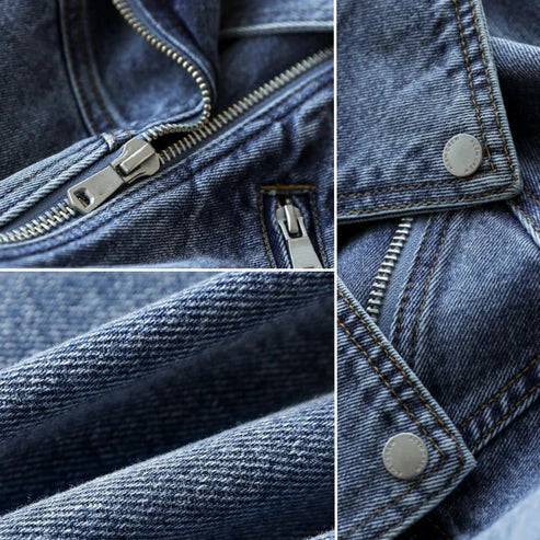 Women's Oversized Denim Moto Jacket with Zip Pockets