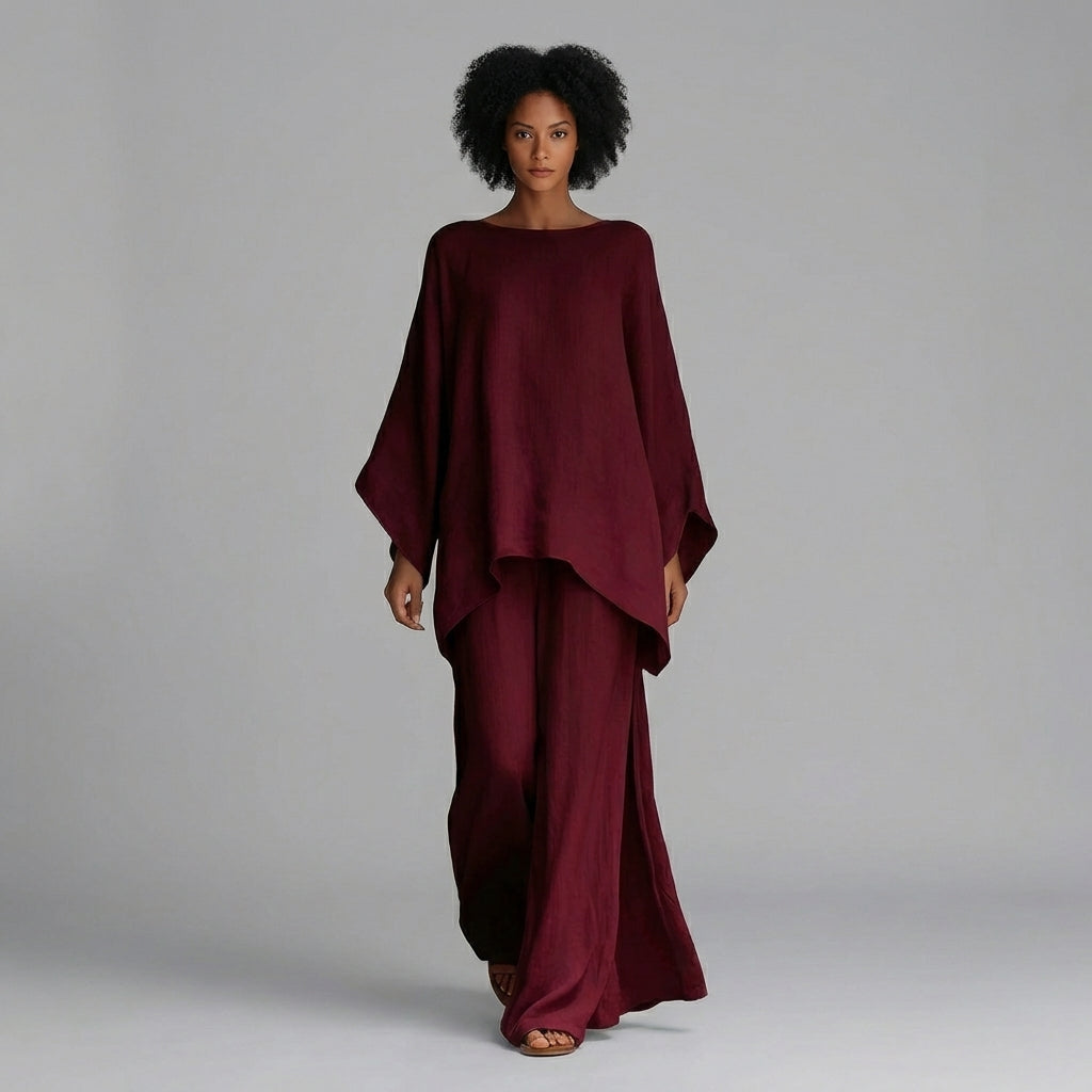 Women's Oversized Kaftan Top and Wide Leg Pants Set - Bordeaux