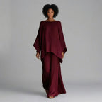 Women's Oversized Kaftan Top and Wide Leg Pants Set - Bordeaux