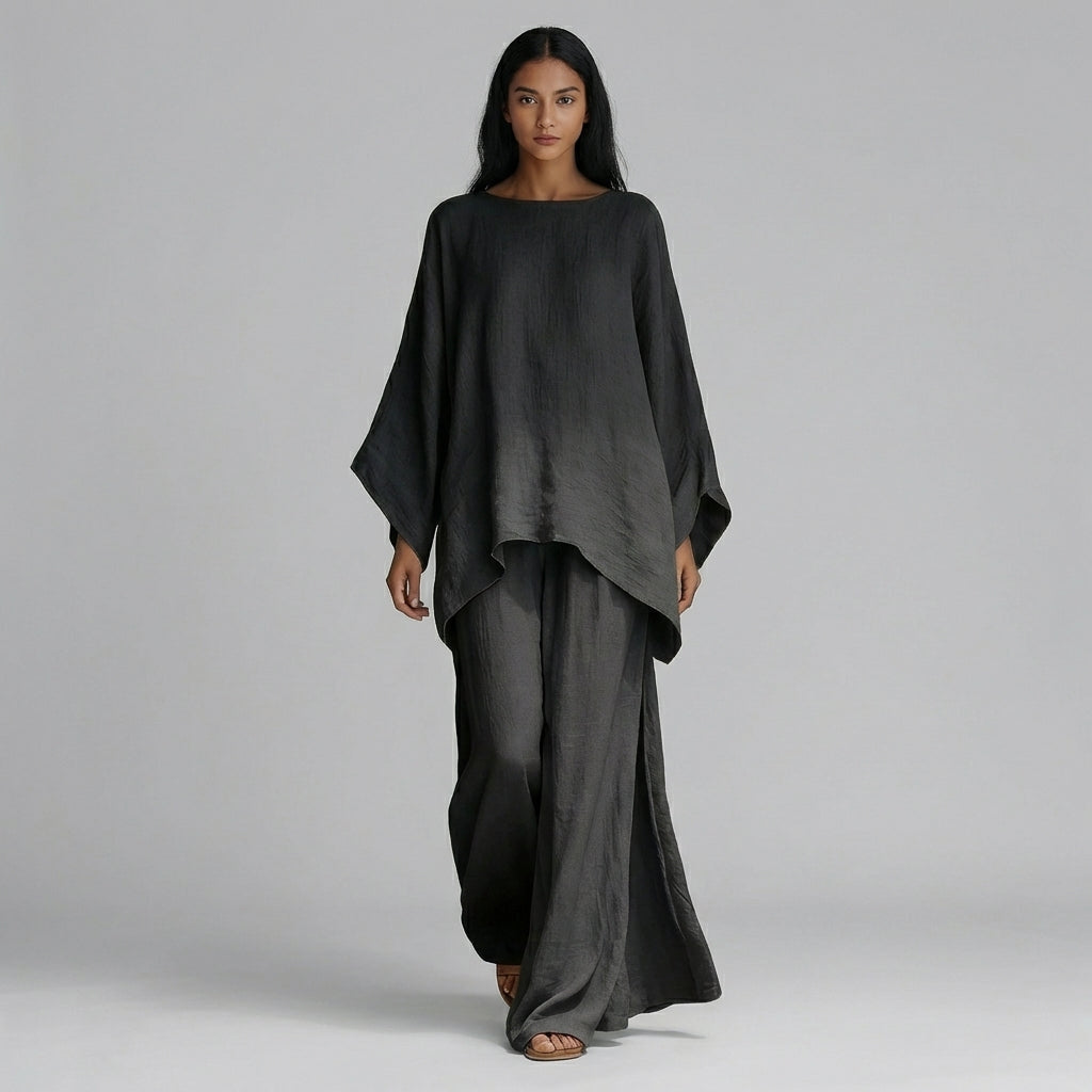 Women's Oversized Kaftan Top and Wide Leg Pants Set - Pewter