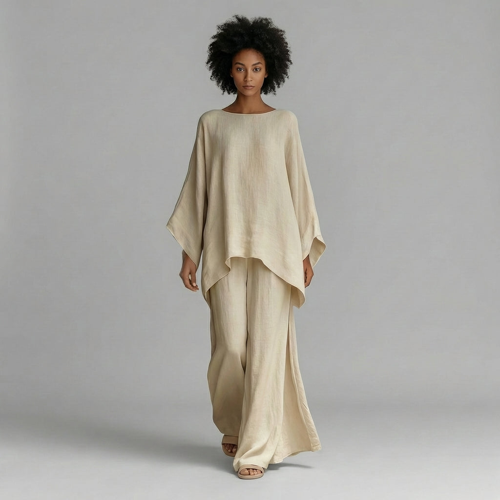 Women's Oversized Kaftan Top and Wide Leg Pants Set - Beige
