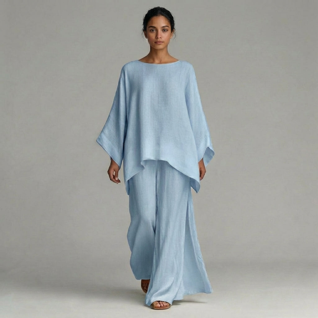 Women's Oversized Kaftan Top and Wide Leg Pants Set - Azure