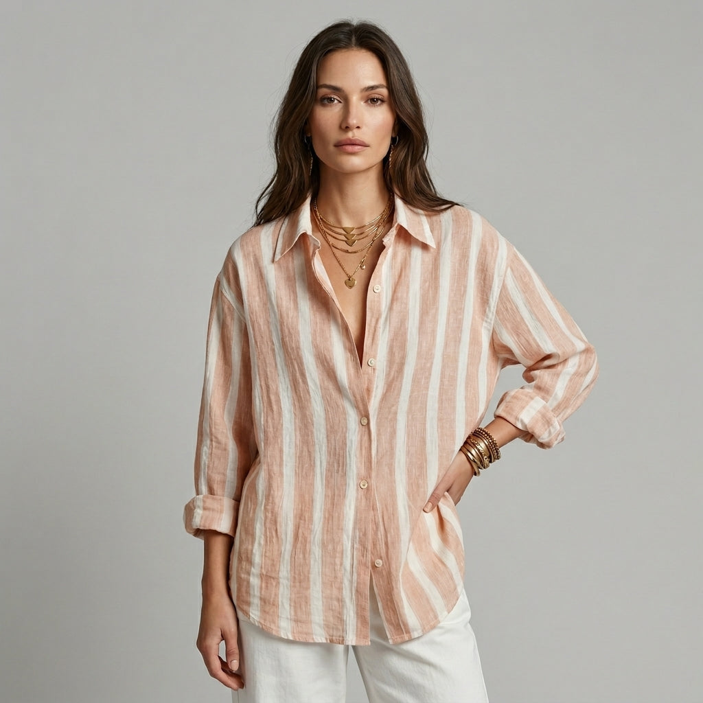 Women's Oversized Striped Button-Down Shirt with Roll-Up Sleeves - Blush