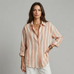 Women's Oversized Striped Button-Down Shirt with Roll-Up Sleeves - Blush