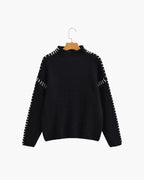 Women's Oversized Sweater with Contrast Whipstitch Detail - Black