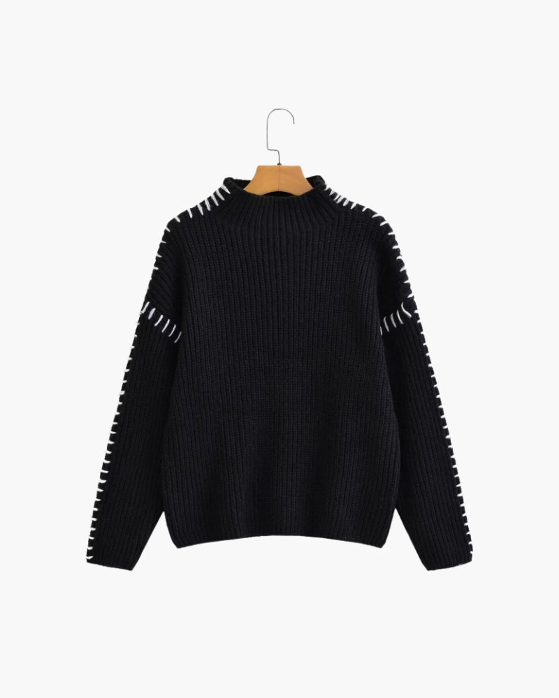 Women's Oversized Sweater with Contrast Whipstitch Detail - Black