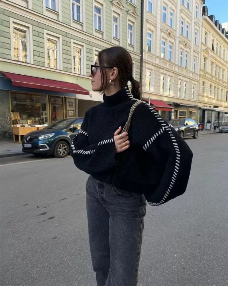 Women's Oversized Sweater with Contrast Whipstitch Detail