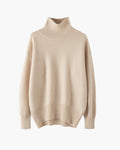 Women's Oversized Turtleneck Sweater with Ribbed Trims - Beige