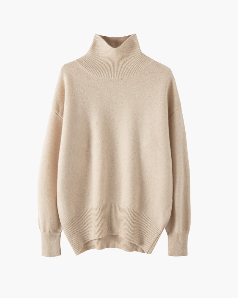 Women's Oversized Turtleneck Sweater with Ribbed Trims - Beige