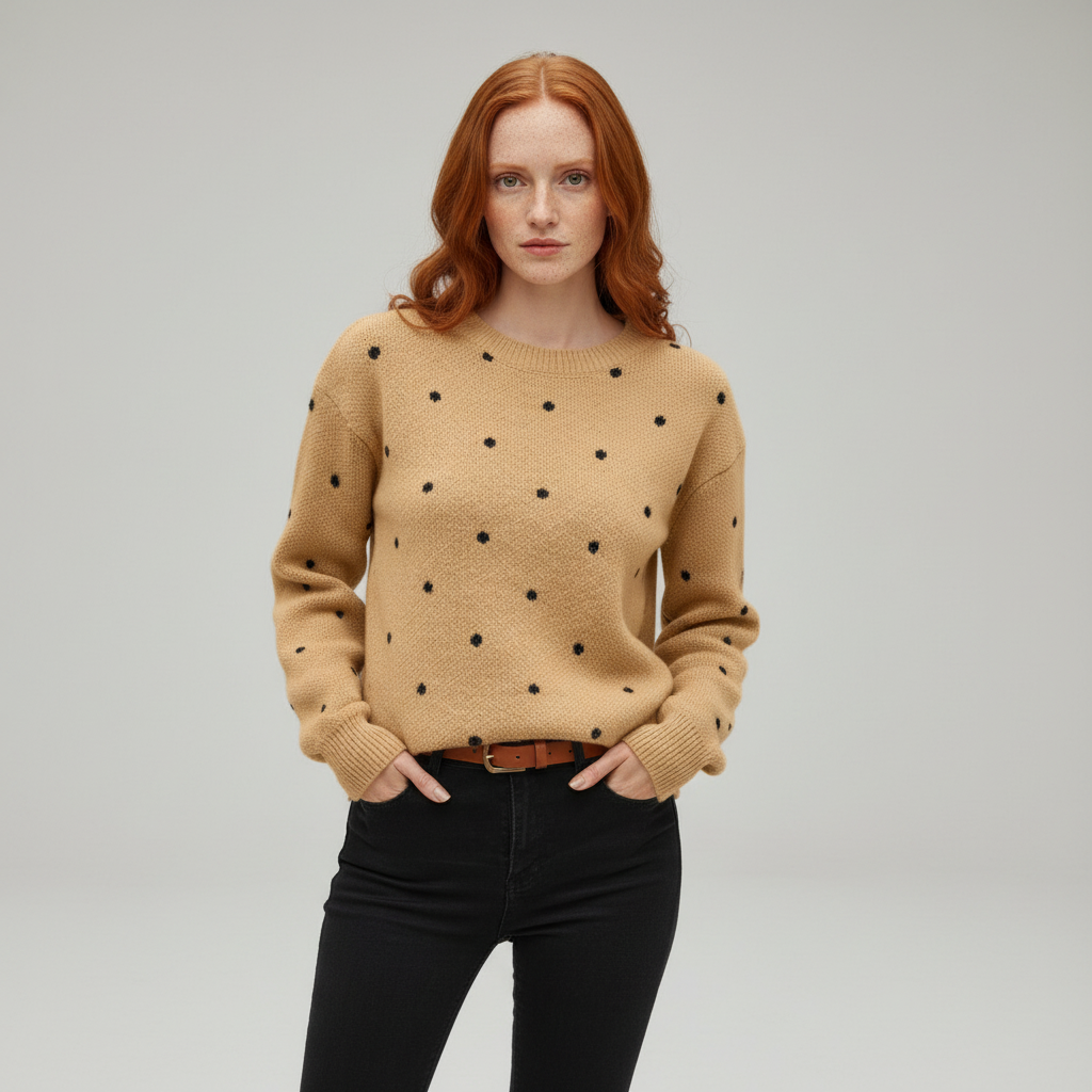 Women's Polka Dot Crewneck Sweater with Relaxed Fit - Camel