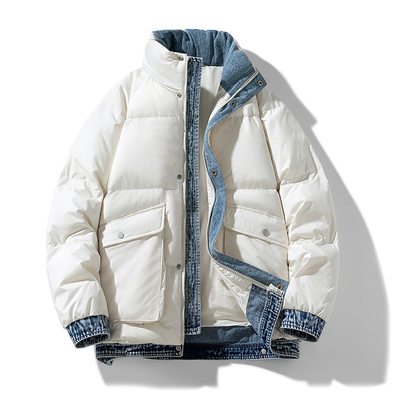 Women's Puffer Jacket with Denim Trim and Stand Collar - White