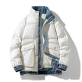 Women's Puffer Jacket with Denim Trim and Stand Collar - White
