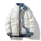 Women's Puffer Jacket with Denim Trim and Stand Collar - White
