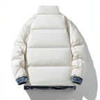 Women's Puffer Jacket with Denim Trim and Stand Collar