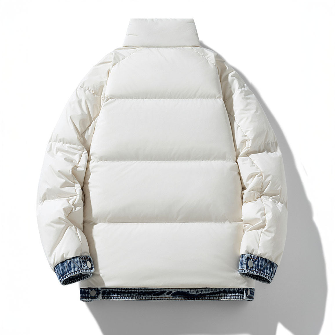 Women's Puffer Jacket with Denim Trim and Stand Collar