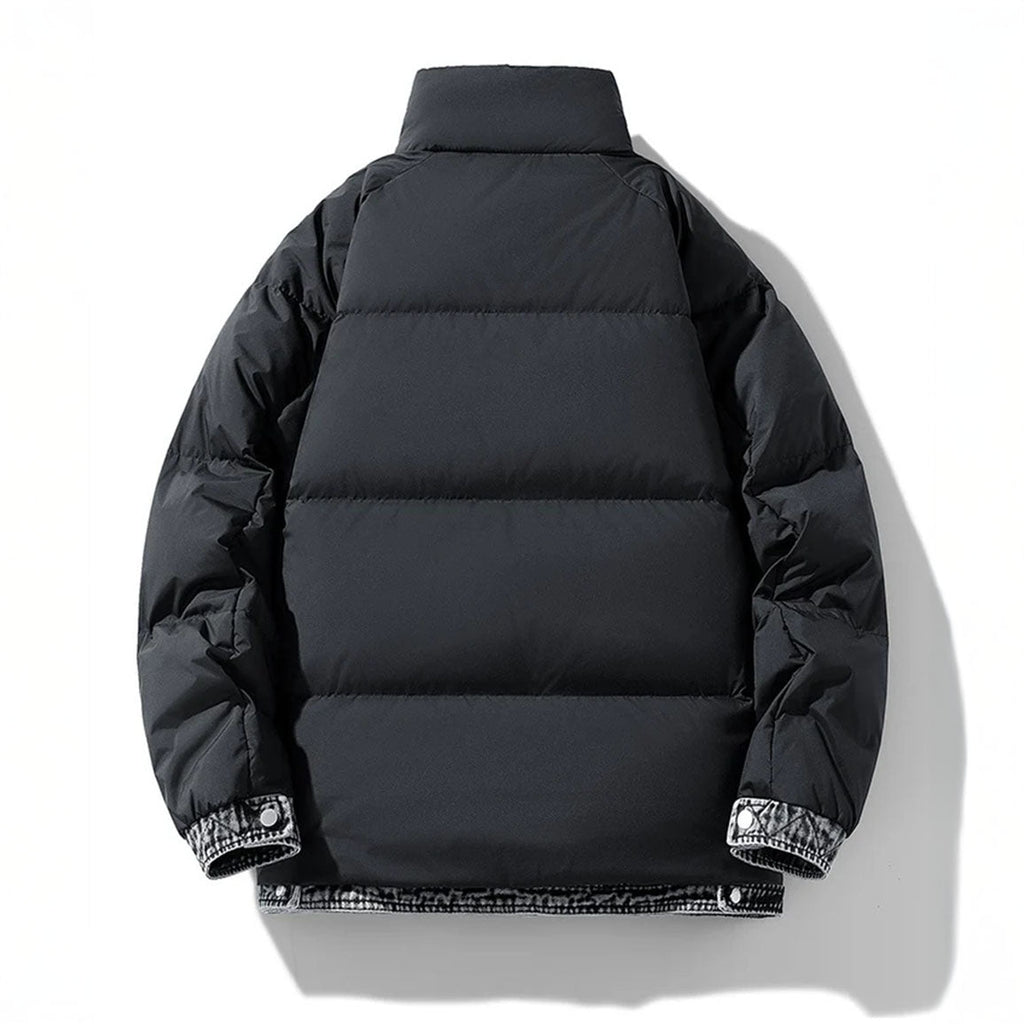 Women's Puffer Jacket with Denim Trim and Stand Collar