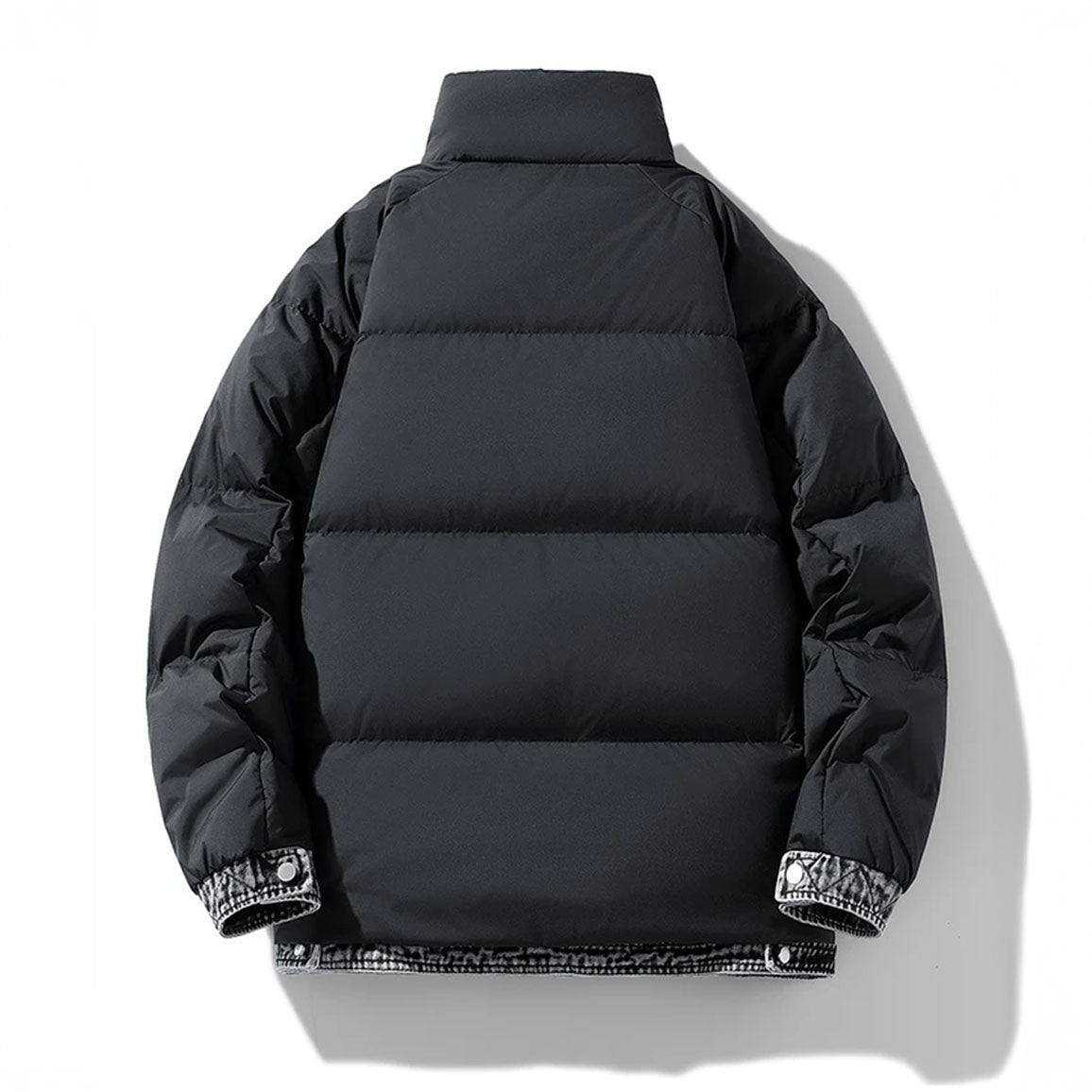 Women's Puffer Jacket with Denim Trim and Stand Collar