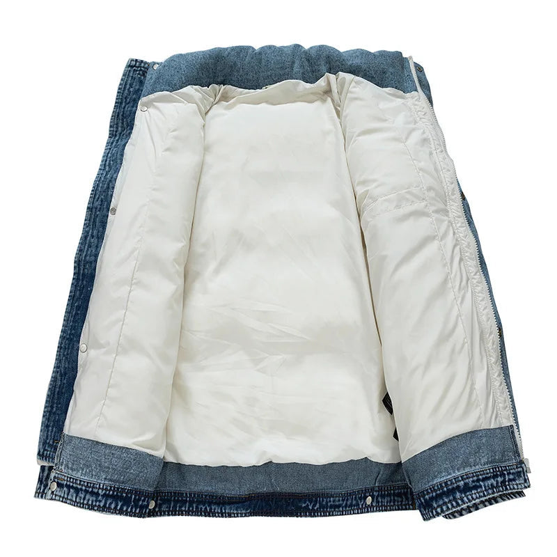 Women's Puffer Jacket with Denim Trim and Stand Collar