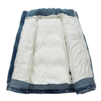 Women's Puffer Jacket with Denim Trim and Stand Collar