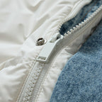 Women's Puffer Jacket with Denim Trim and Stand Collar