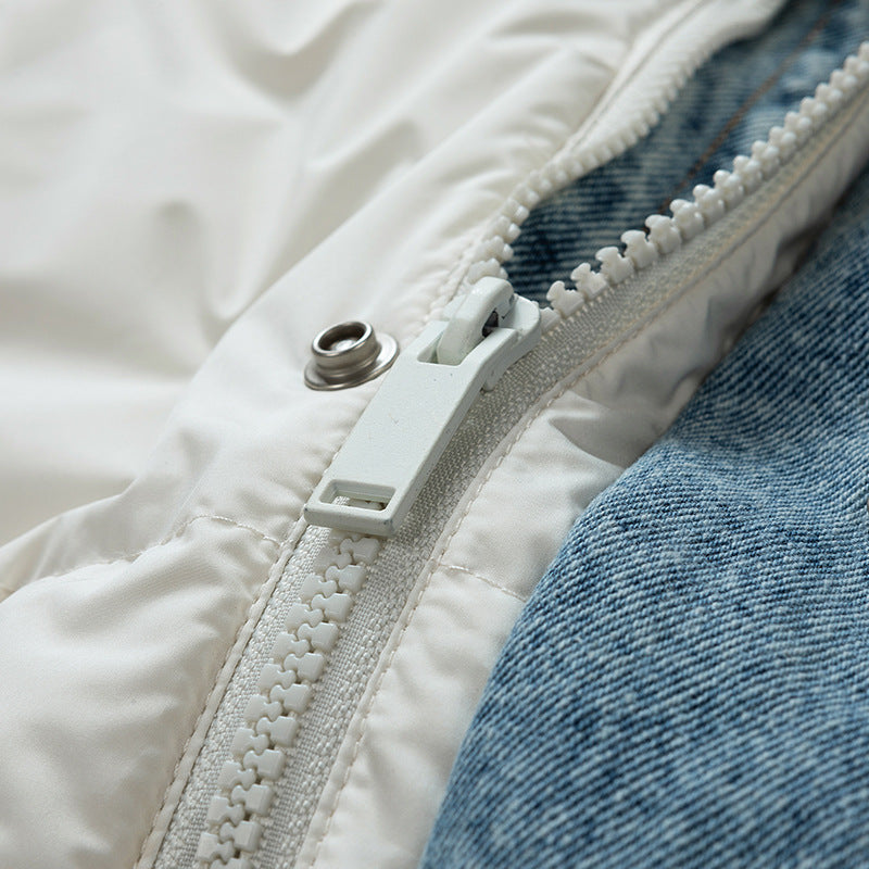 Women's Puffer Jacket with Denim Trim and Stand Collar