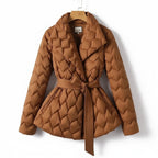 Women's Quilted Puffer Jacket with Tie Belt and Lapel Collar - Brown