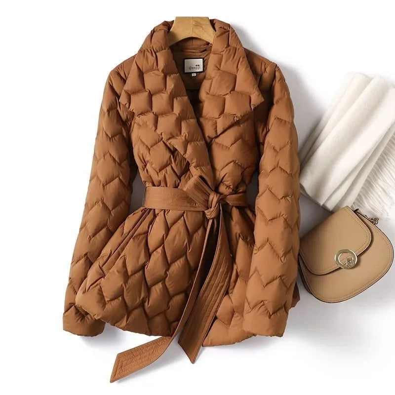 Women's Quilted Puffer Jacket with Tie Belt and Lapel Collar