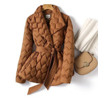 Women's Quilted Puffer Jacket with Tie Belt and Lapel Collar