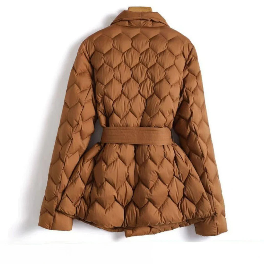 Women's Quilted Puffer Jacket with Tie Belt and Lapel Collar