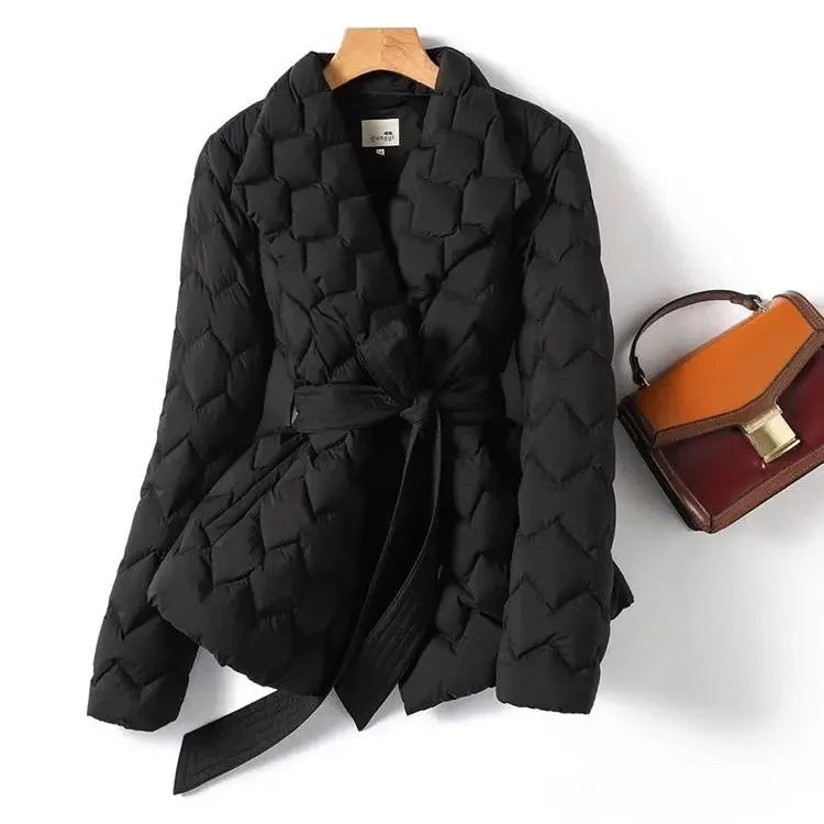 Women's Quilted Puffer Jacket with Tie Belt and Lapel Collar