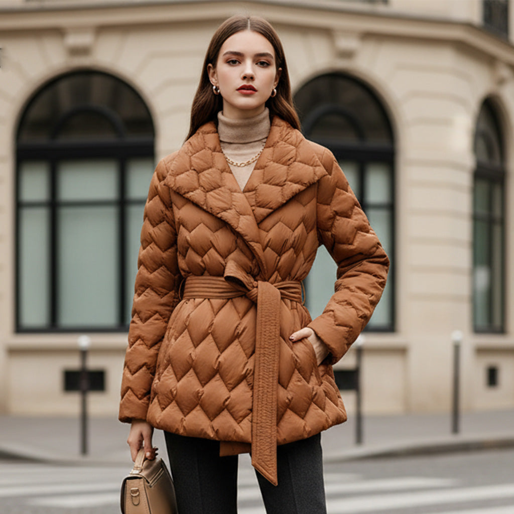 Women's Quilted Puffer Jacket with Tie Belt and Lapel Collar