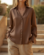 Women's Relaxed Satin-Look Shirt with Short Sleeves