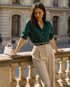 Women's Relaxed Satin-Look Shirt with Short Sleeves