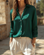 Women's Relaxed Satin-Look Shirt with Short Sleeves