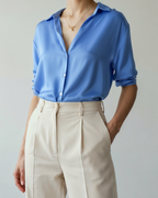 Women's Relaxed Satin-Look Shirt with Short Sleeves
