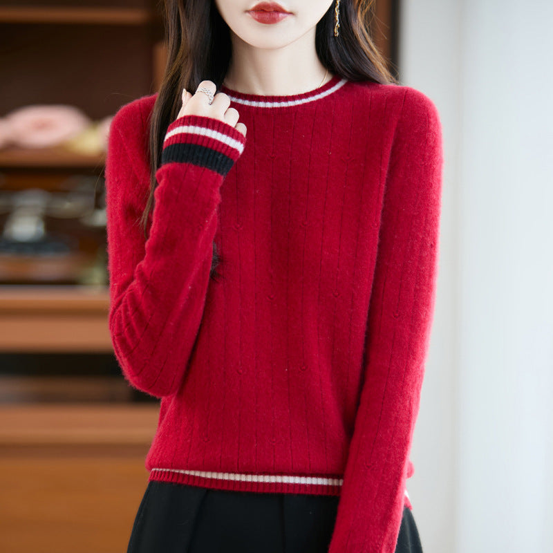 Women's Ribbed Crewneck Sweater with Striped Trims - Red