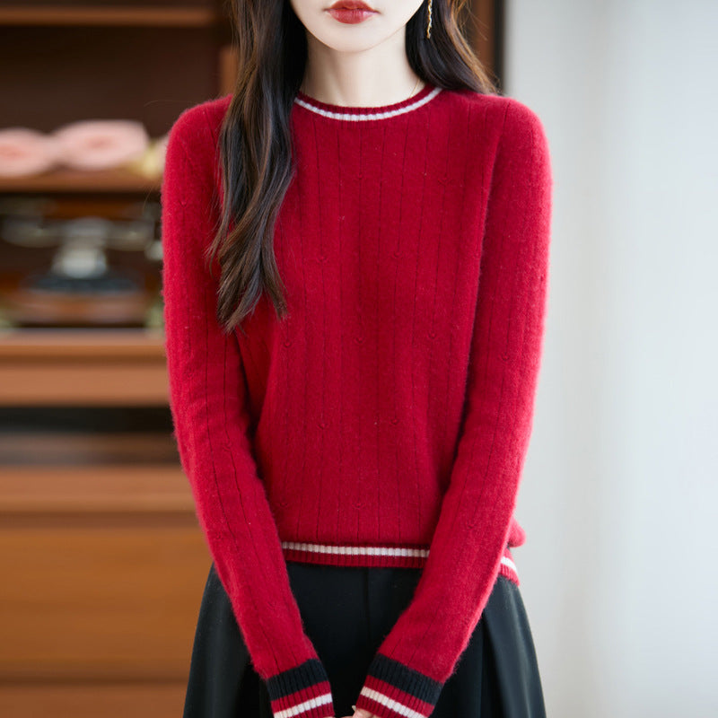 Women's Ribbed Crewneck Sweater with Striped Trims