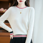 Women's Ribbed Crewneck Sweater with Striped Trims
