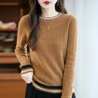 Women's Ribbed Crewneck Sweater with Striped Trims