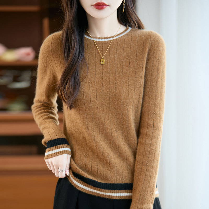 Women's Ribbed Crewneck Sweater with Striped Trims