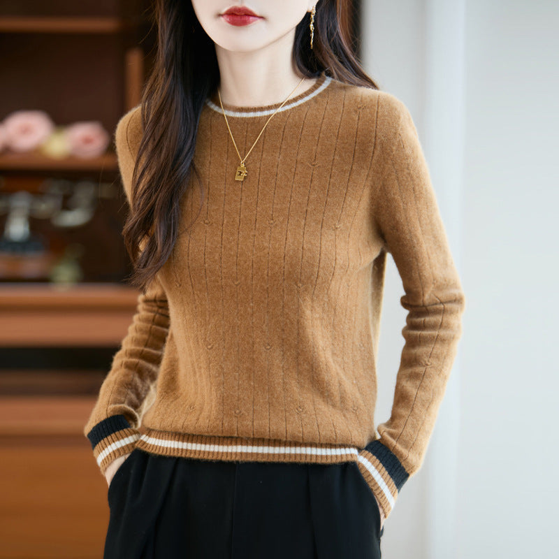 Women's Ribbed Crewneck Sweater with Striped Trims