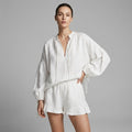 Women's Ruffle Blouse and Shorts Set with Balloon Sleeves - Frost
