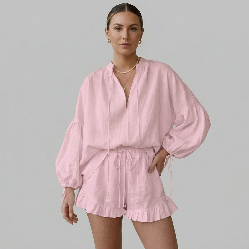 Women's Ruffle Blouse and Shorts Set with Balloon Sleeves - Blush