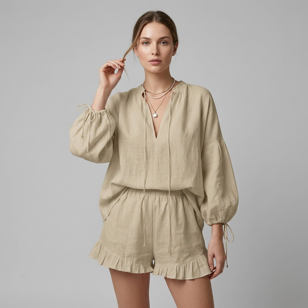 Women's Ruffle Blouse and Shorts Set with Balloon Sleeves - Sand