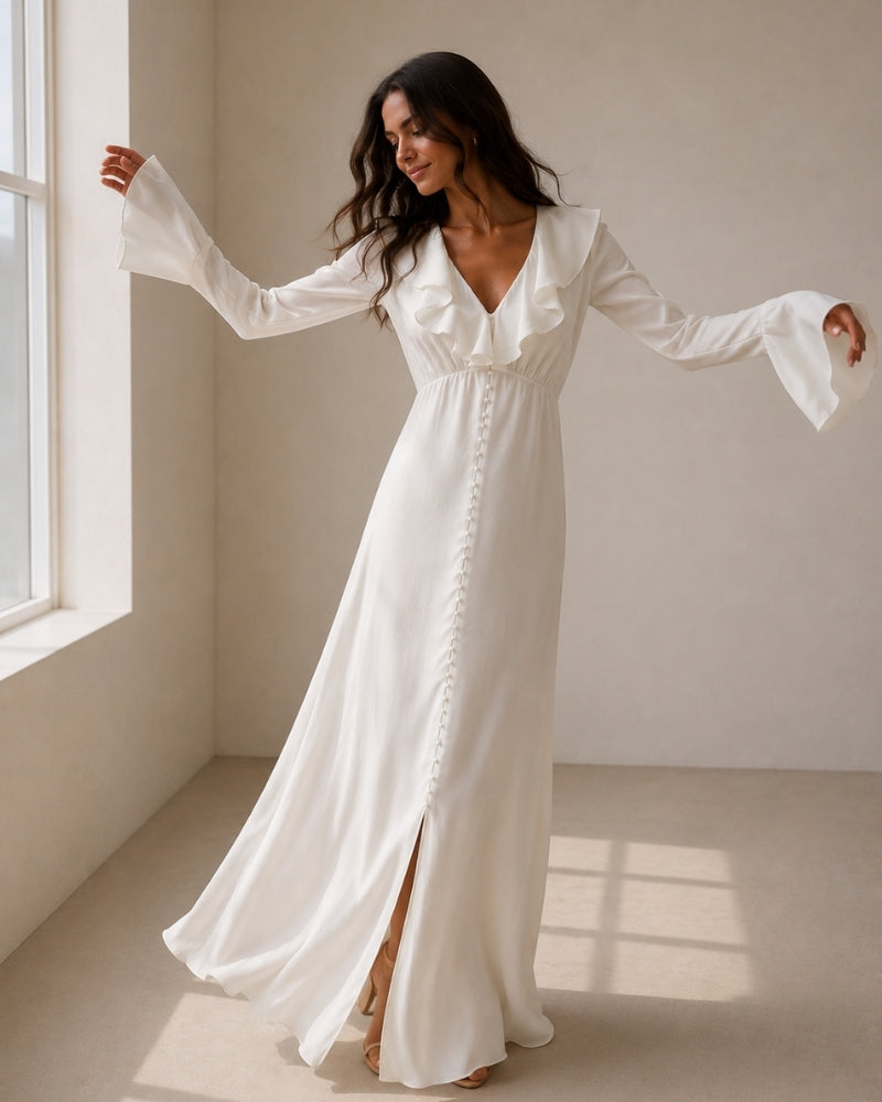 Women's Ruffle Neck Midi Dress with Flared Sleeves