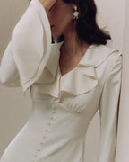 Women's Ruffle Neck Midi Dress with Flared Sleeves